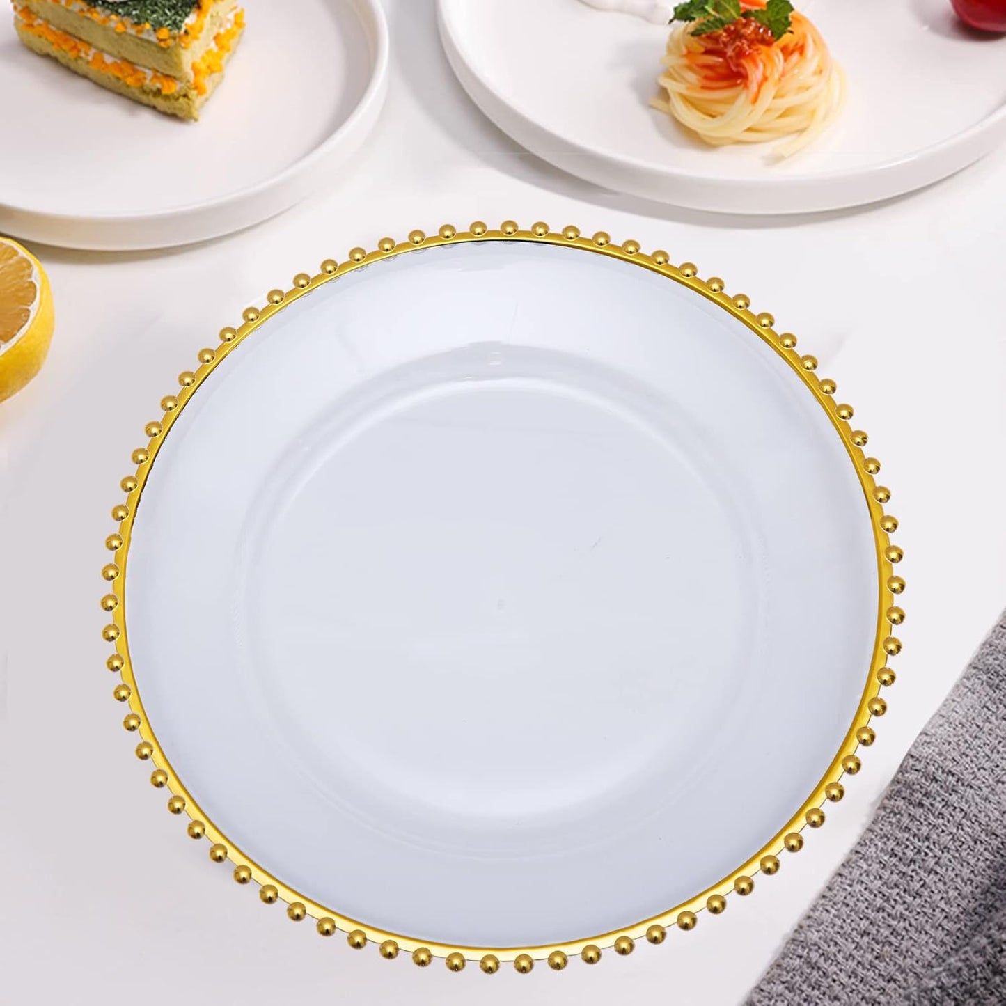 Bulk 100 Pcs Plastic Charger Plates 13" Gold Bead Rim Round Tableware for Wedding Party Event Decor Wholesale