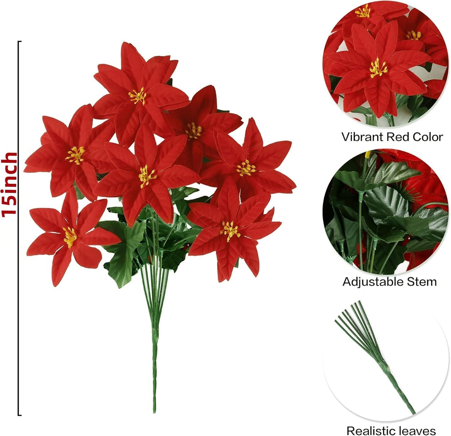 Bulk 5 Pack 15’’ Artificial Poinsettia Bouquet Velvet Poinsettia Bush Christmas Flowers for Home Garden Indoor Outdoor Xmas Decor Wholesae