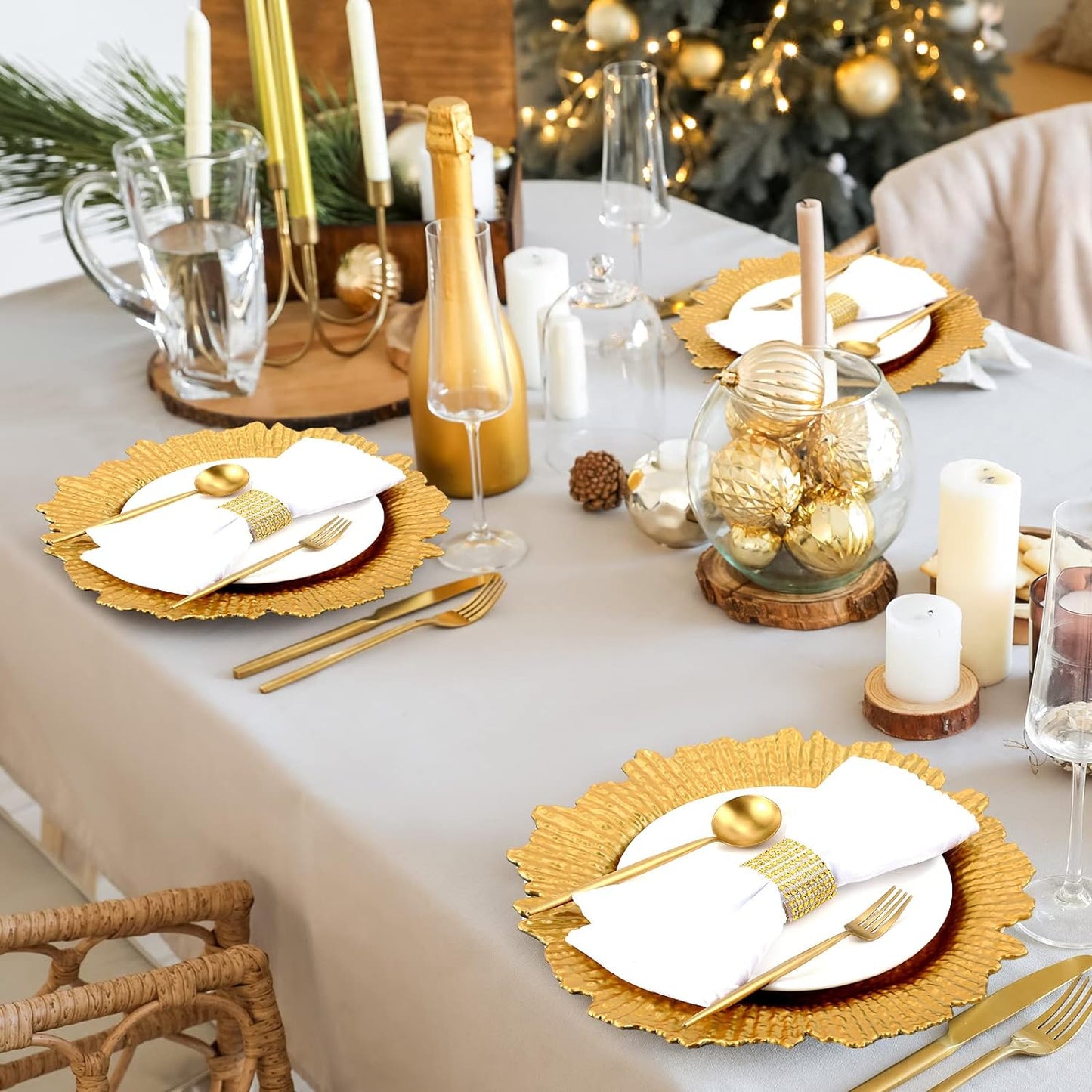 Premium 100 Pcs 13" Gold Charger Plates Set Metallic Ruffled Rim Wedding Party Holiday Decor with Elegant All-Weather Table Settings