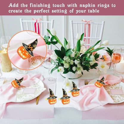 Bulk 6 Pcs Spooky Halloween Napkin Rings Orange Pumpkin and Black Witch Hat Design for Festive Party Table Decor Wholesale