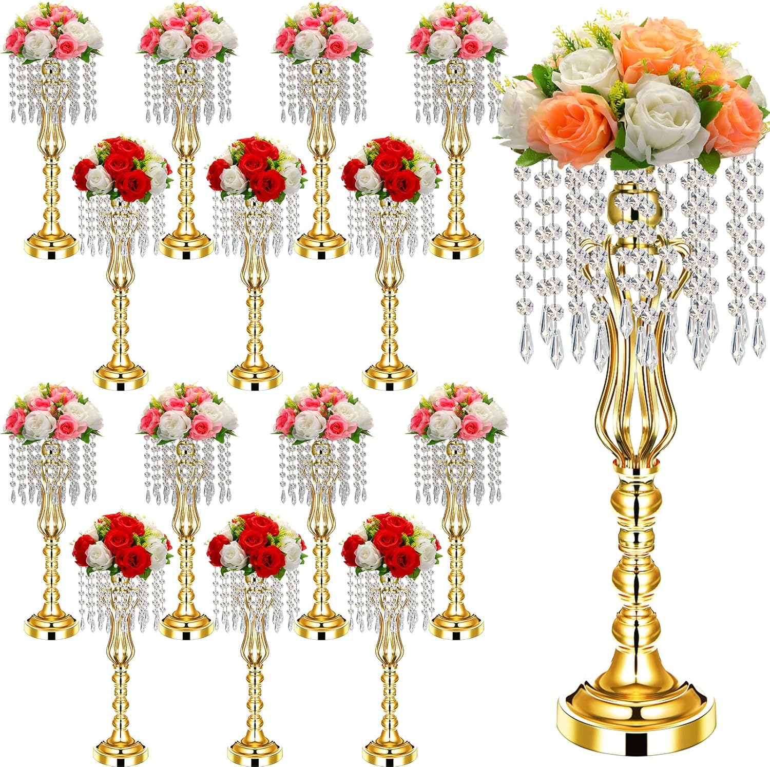 Bulk 21.3 Inch Gold-Plated Crystal Acrylic Flower Stand with Hanging Beads Elegant Centerpiece Vases for Weddings, Parties, and Home Decor Wholesale