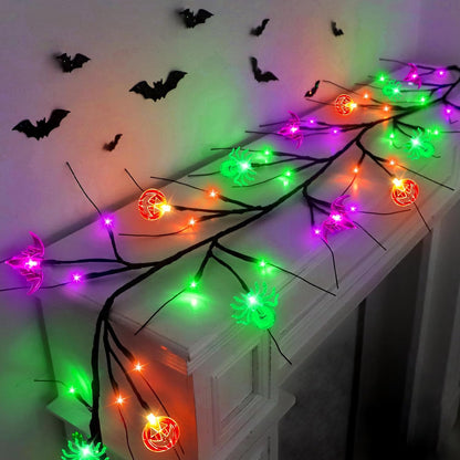 Bulk 6FT Halloween Willow Vine with 54 LED Lights Pumpkin Bat Spider Garland 8 Modes Battery Powered Indoor/Outdoor Decor Wholesale