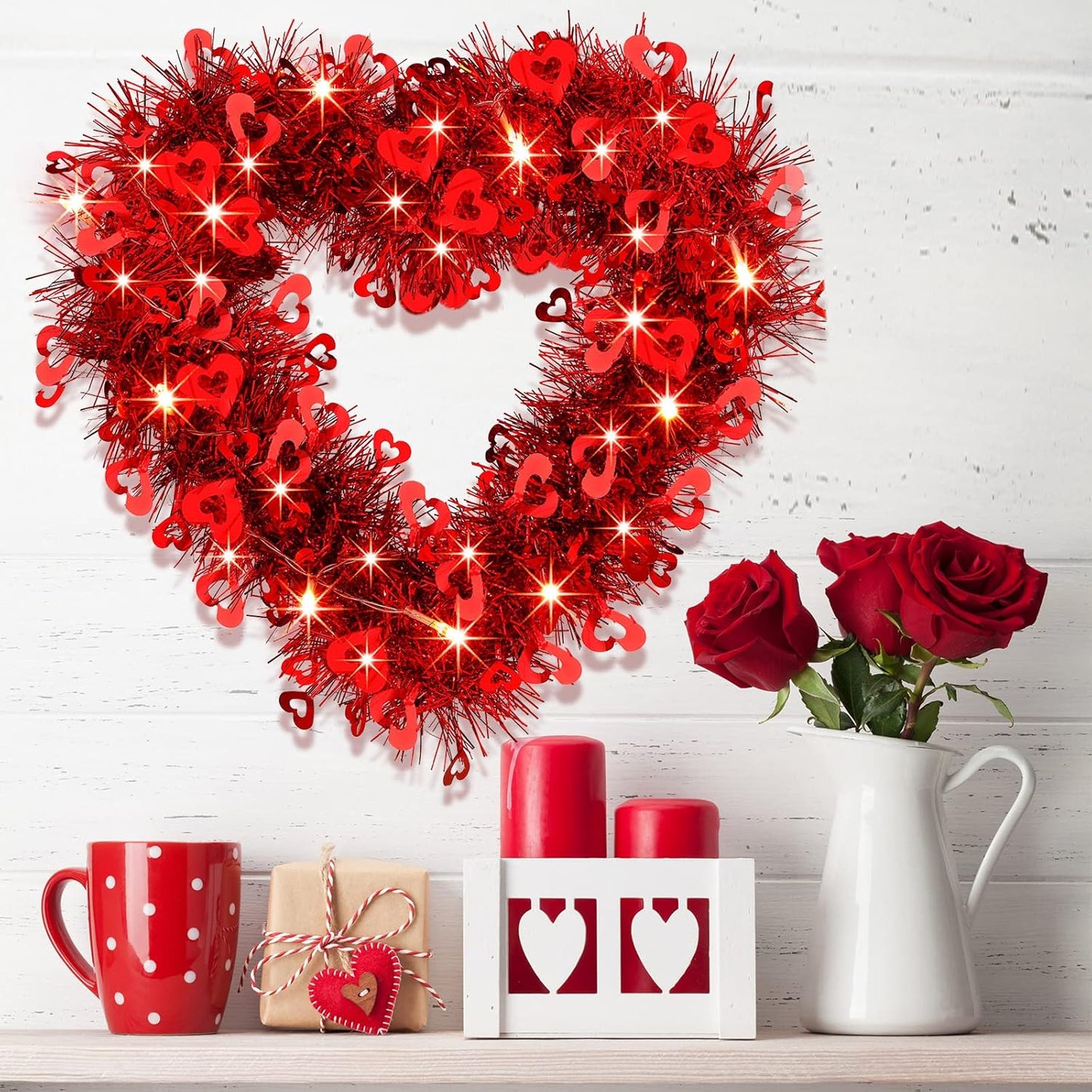 Bulk 12" Heart Shaped Valentine’s Day Wreath with LED Lights for Home Party Decor Wholesale