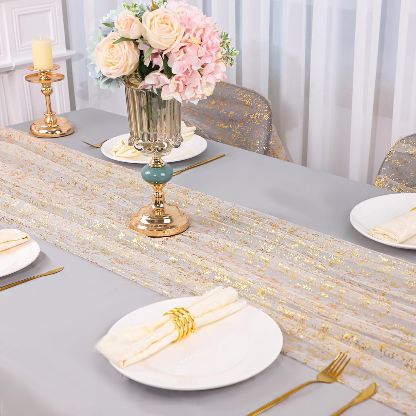 Bulk 13Ft Gold Table Runner Sequin Glitter Sheer Chiffon Cheesecloth with Metallic Foil for Wedding Birthday Baby Shower Party Decorations Wholesale