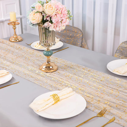 Bulk 13Ft Gold Table Runner Sequin Glitter Sheer Chiffon Cheesecloth with Metallic Foil for Wedding Birthday Baby Shower Party Decorations Wholesale