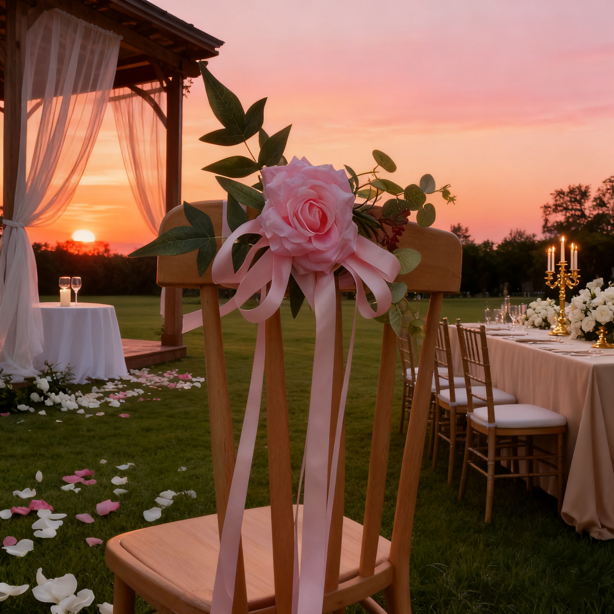 6PCS Wedding Chair Back Flowers Nordic Rustic Artificial Floral Decor with Ribbon for Outdoor Wedding & Photography Props