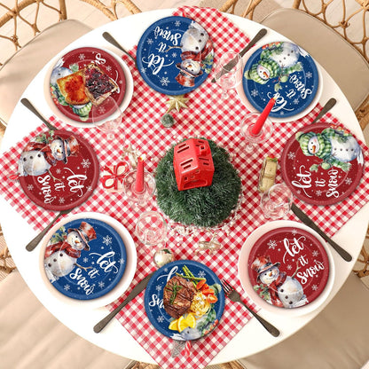 Bulk 100Pcs 7-Inch Let It Snow Christmas Paper Plates – Snowman Themed Red and Blue Party Tableware for Holiday Celebrations Wholesale
