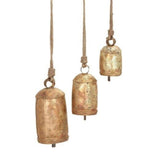 Bulk Gold Set of 3 Metal Decorative Cow Bells Tibetan Inspired with Jute Hanging Rope For Home Decor Wholesale