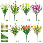16 Bundles Artificial Outdoor Plastic Flowers UV Resistant Mixed Plants Bulk