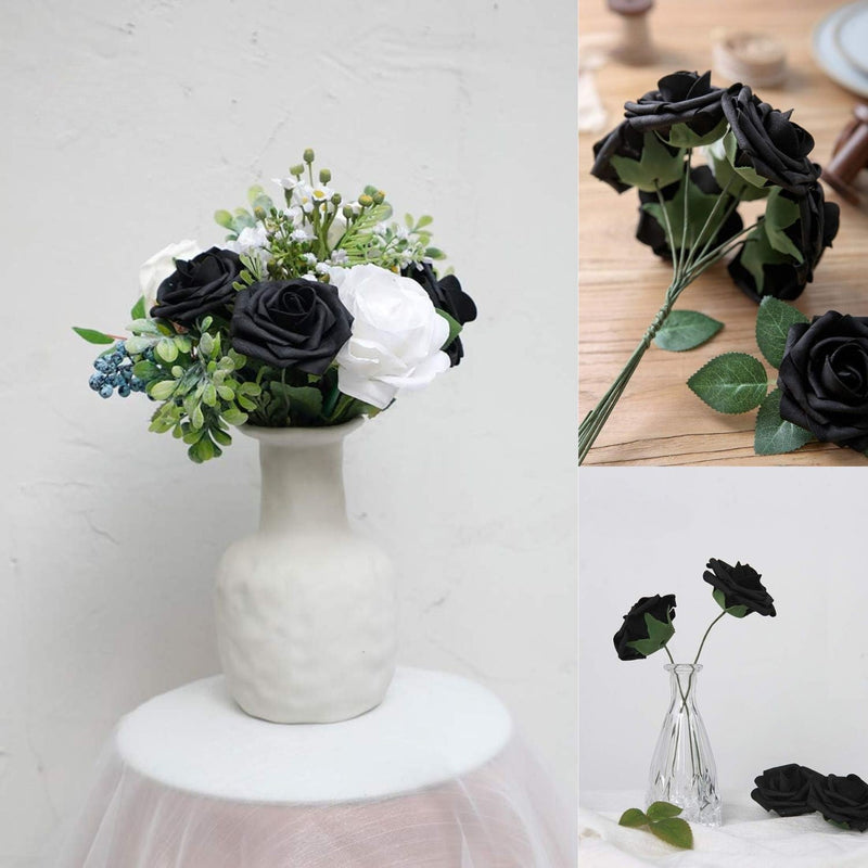 25 Pcs Artificial Foam Roses with Bendable Stems, 12 Inch, Ivory White Purple for DIY Wedding Bouquets and Centerpieces