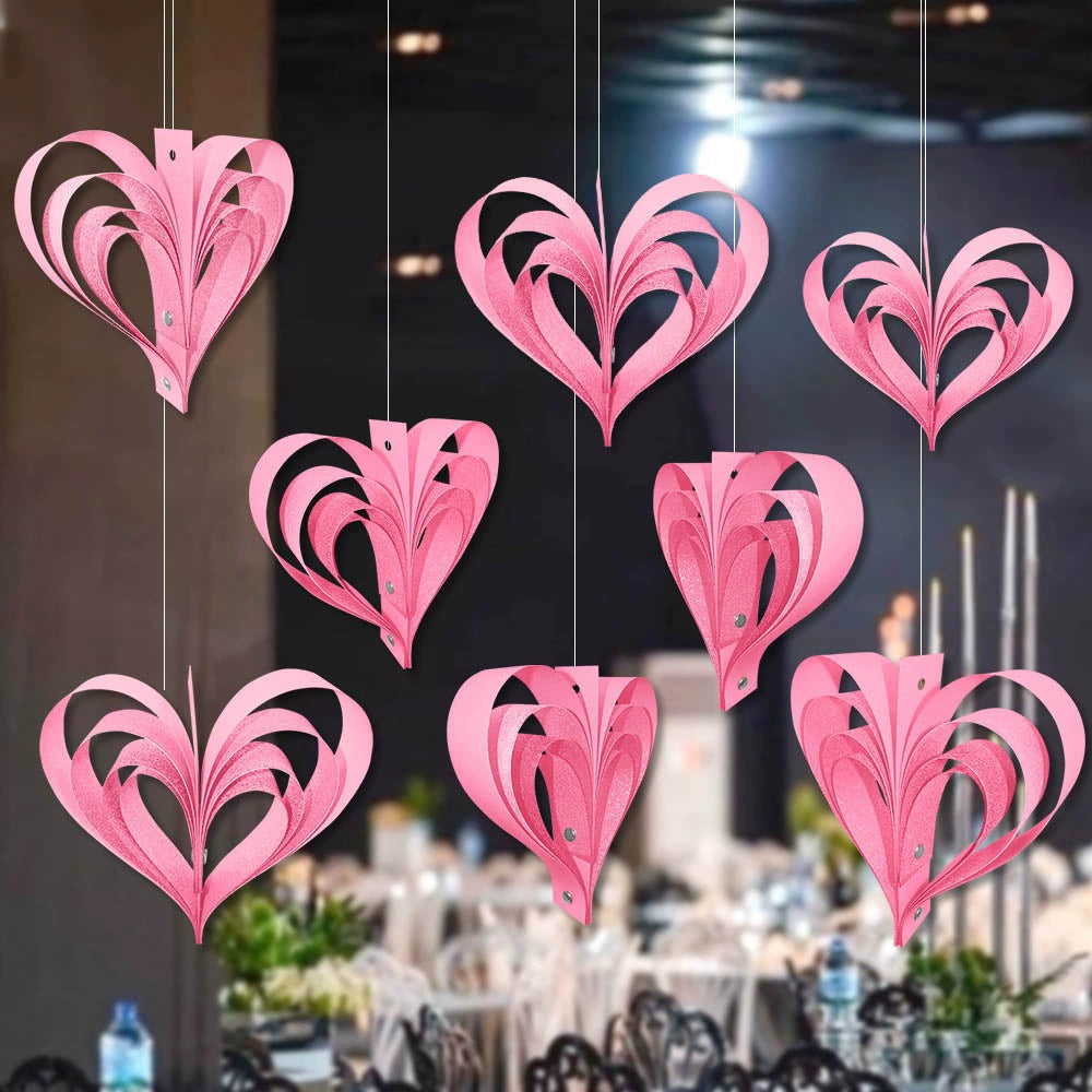 8-Pack Valentine's Day 3D Heart Hanging Decorations - Wedding & Bridal Suite Party Decor