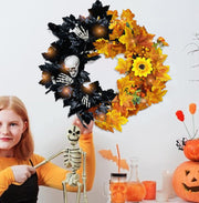 Halloween Skull Wreath with Artificial Black and Orange Maple Leaves, 12 Inch Front Door Decoration, Bulk Holiday Party Wreath