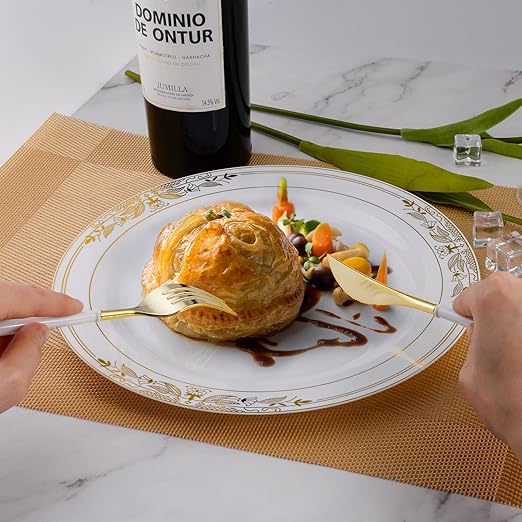 Bulk 8Pcs Disposable Tableware Sets with White Handle for Christmas New Year Birthday Wedding Party Restaurant Wholesale