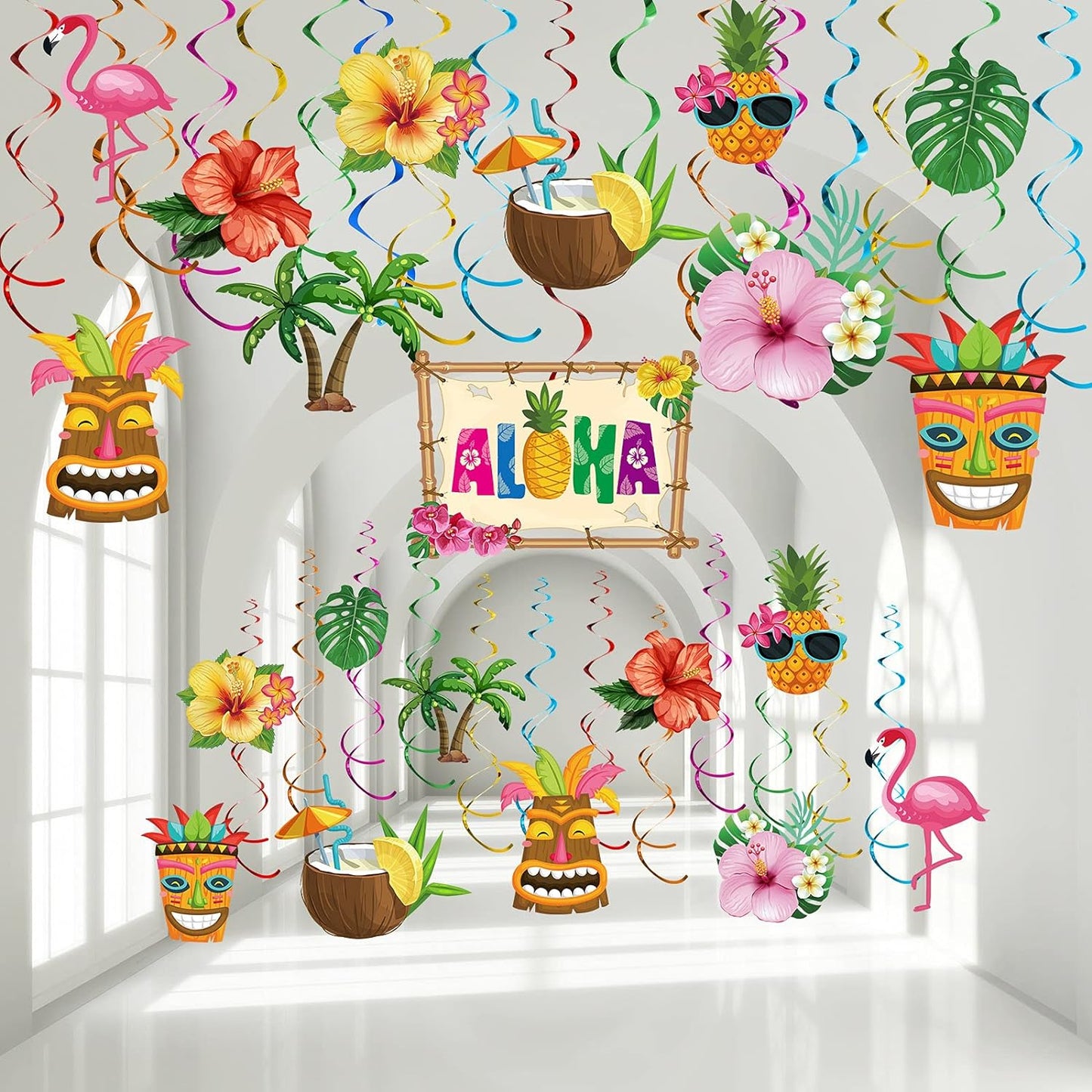 Bulk Hawaiian Birthday Party Backdrop Streamers Hanging Rotating Decorations Tropical Flowers Palm Trees Flamingos Unique Theme Decor Wholesale