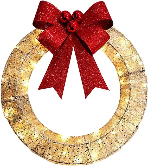 20 Inch Metal Christmas Wreath with LED Lights, Glitter Sequins Garland for Front Door, Party, Fireplace, Porch, Winter Home Decor