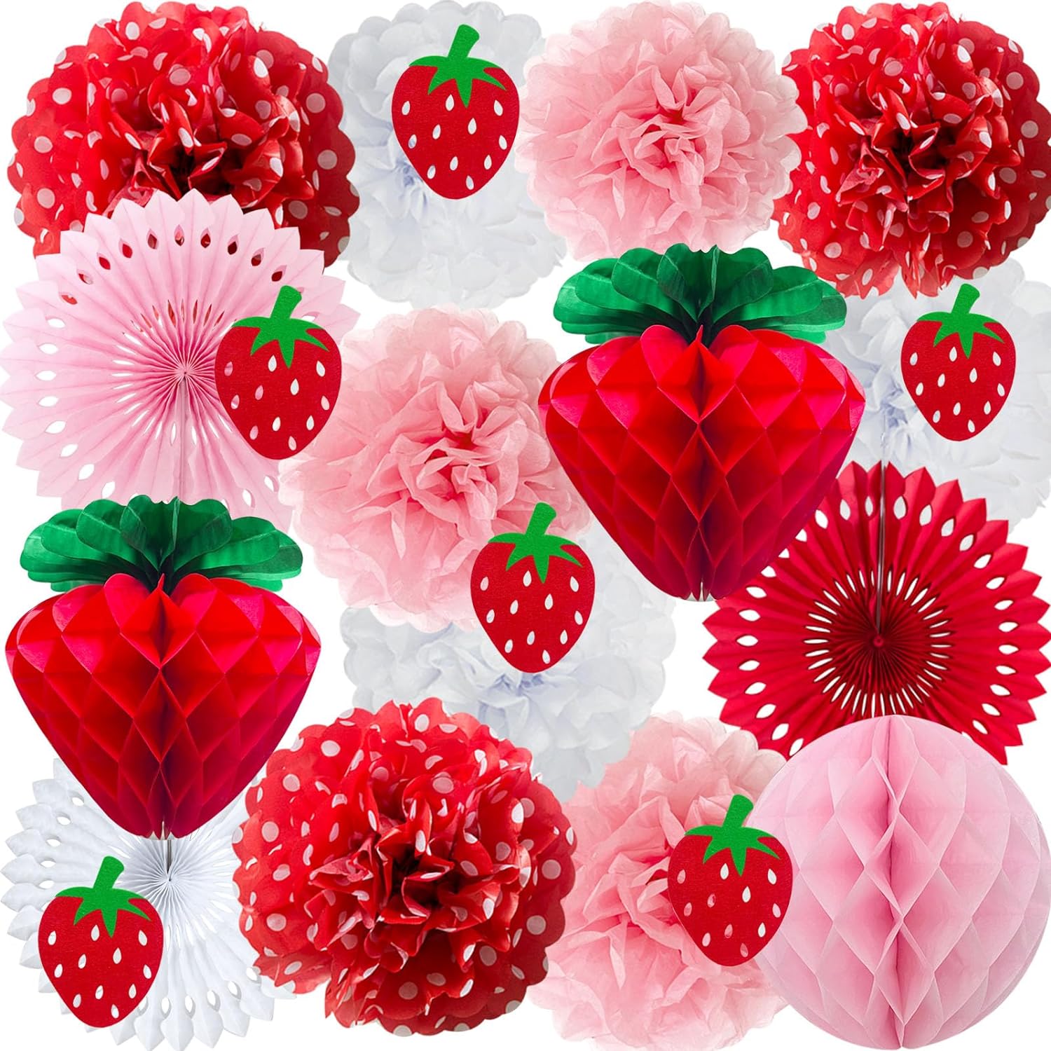 Bulk Strawberry Party Decoration Set Red Pink White Tissue Pom Poms Fans Honeycomb Balls Lanterns Garland Ideal for Classroom Sweet themed Bridal Baby Shower Girls' Party Decor Wholesale
