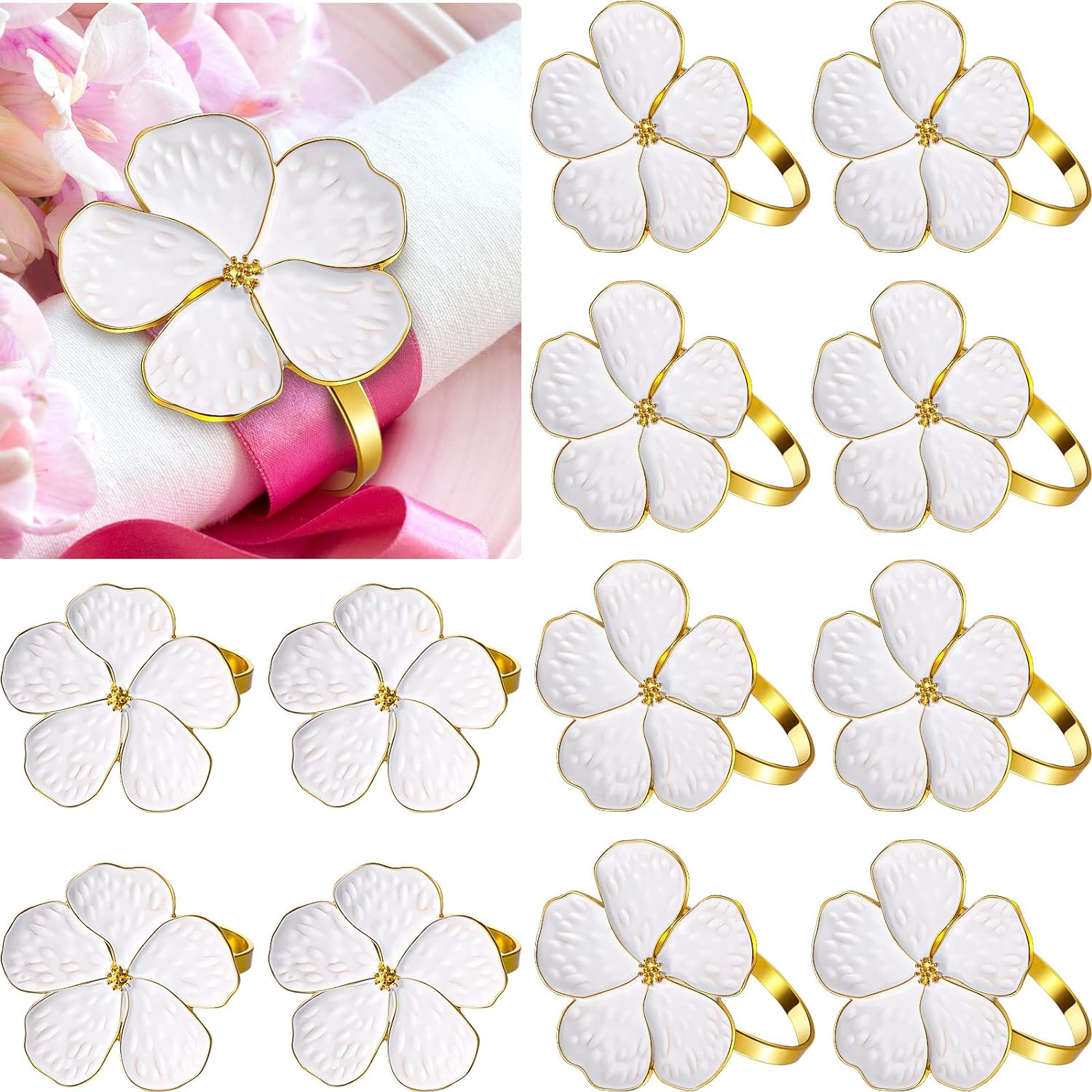 Bulk 6 Pcs White Flower Napkin Rings Holiday Gold Holders for Wedding Parties Wholesale