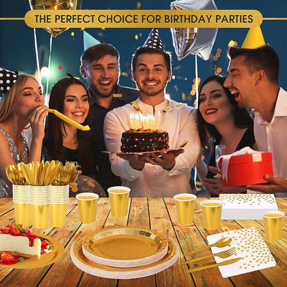 Bulk 50 Pcs Gold Disposable Dinnerware Set Paper Plates Paper Cups Paper Napkin Knife Fork Spoon Party Supplies Wholesale