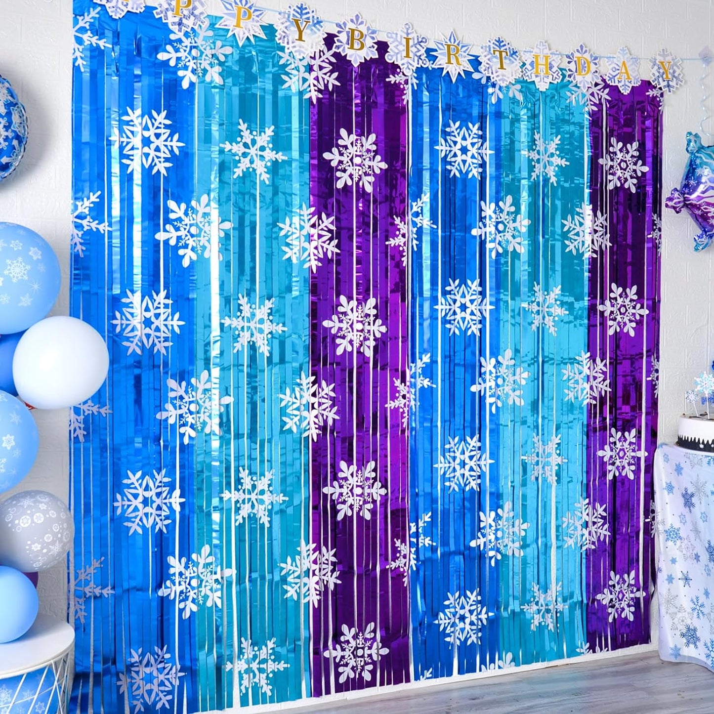 Bulk 2 Pcs Winter Wonderland Party Decor Metallic Foil Snowflake Backdrop Curtains for Girls' Birthday Celebration Wholesale