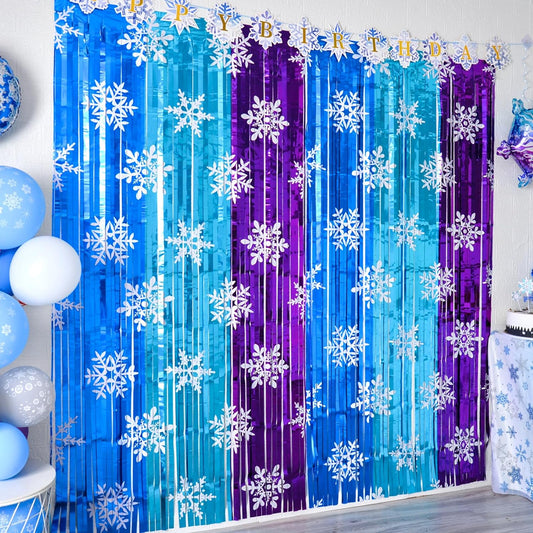 Bulk 2 Pcs Winter Wonderland Party Decor Metallic Foil Snowflake Backdrop Curtains for Girls' Birthday Celebration Wholesale