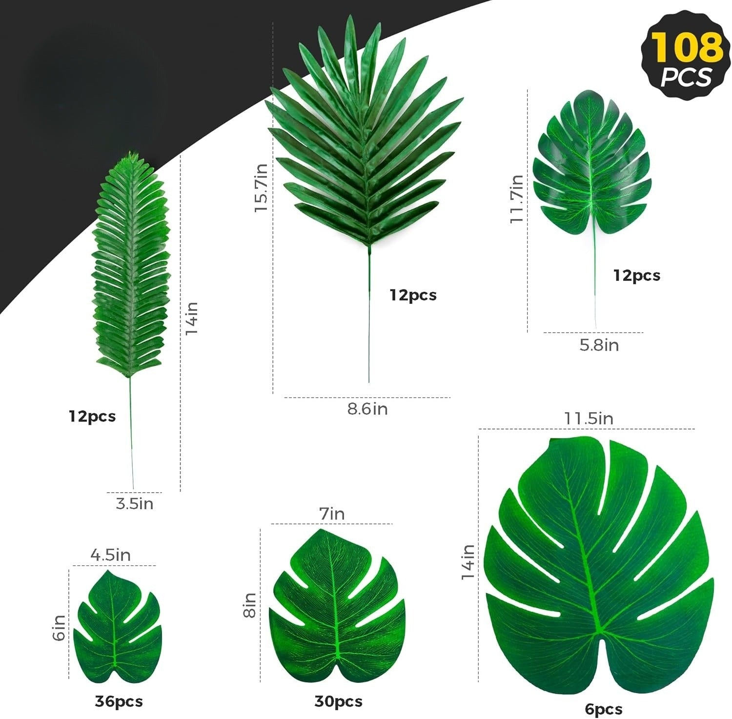 Premium 108 Count Tropical Foliage 2 Set  6 Sizes Artificial Palm Leaves with Stems Luau Safari Wedding Durable All Weather Décor