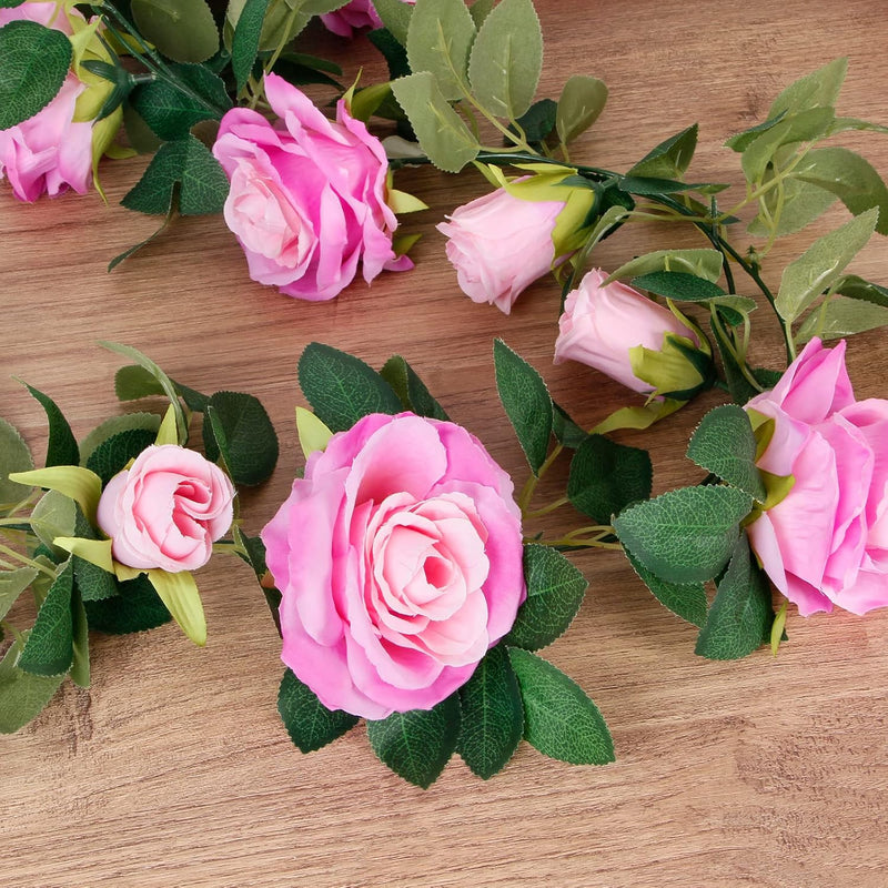 4 Pcs 26 Ft Pink Artificial Silk Rose Vine Garland, 6 Ft Segments, Realistic Flowers for Wedding Arches & Party Decor