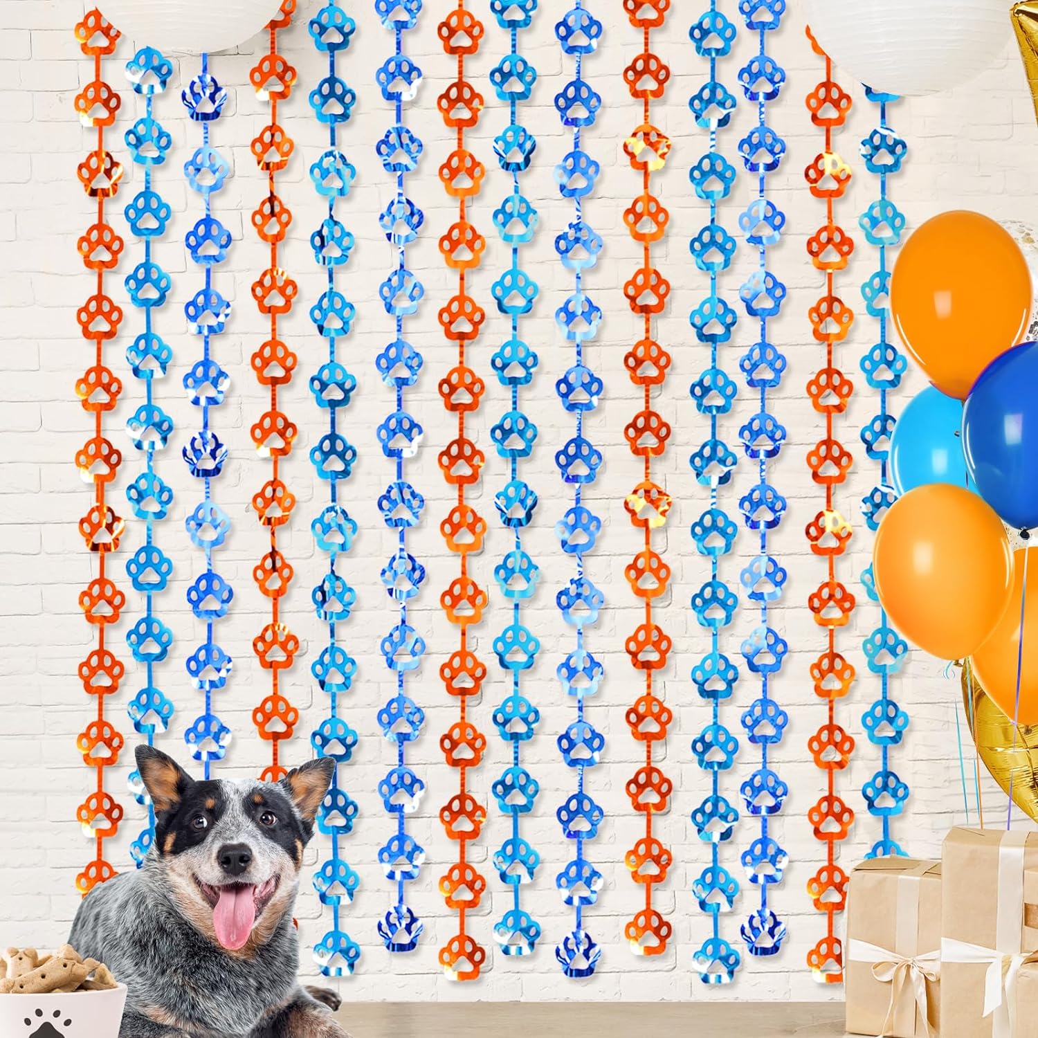 Bulk 2 Pcs Blue Dog Theme Party Decor 3.3x6.6 ft Metallic Foil Fringe Curtain Backdrop with Dog Paw Design Perfect Photo Booth Prop for Blue Dog Themed Decor Wholesale