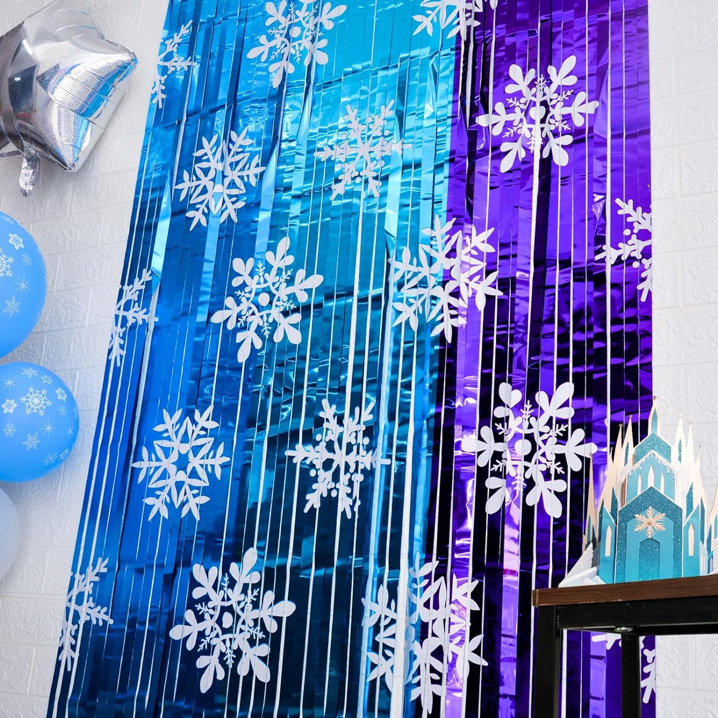 Bulk 2 Pcs Winter Wonderland Party Decor Metallic Foil Snowflake Backdrop Curtains for Girls' Birthday Celebration Wholesale