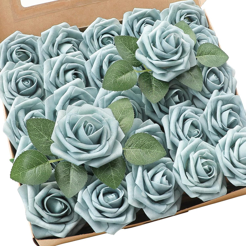 25 Pcs Artificial Foam Roses with Bendable Stems, 12 Inch, Ivory White Purple for DIY Wedding Bouquets and Centerpieces