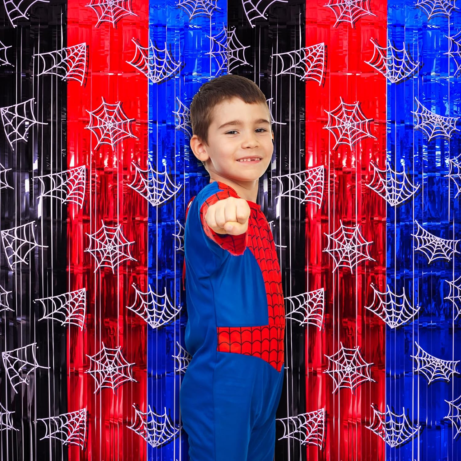 Bulk 2 Pcs Spider Web Party Decor 3.3x6.6ft Tinsel Foil Fringe Curtains Red lack and Blue Photo Booth Backdrop for Boys' Birthday Celebrations Wholesale