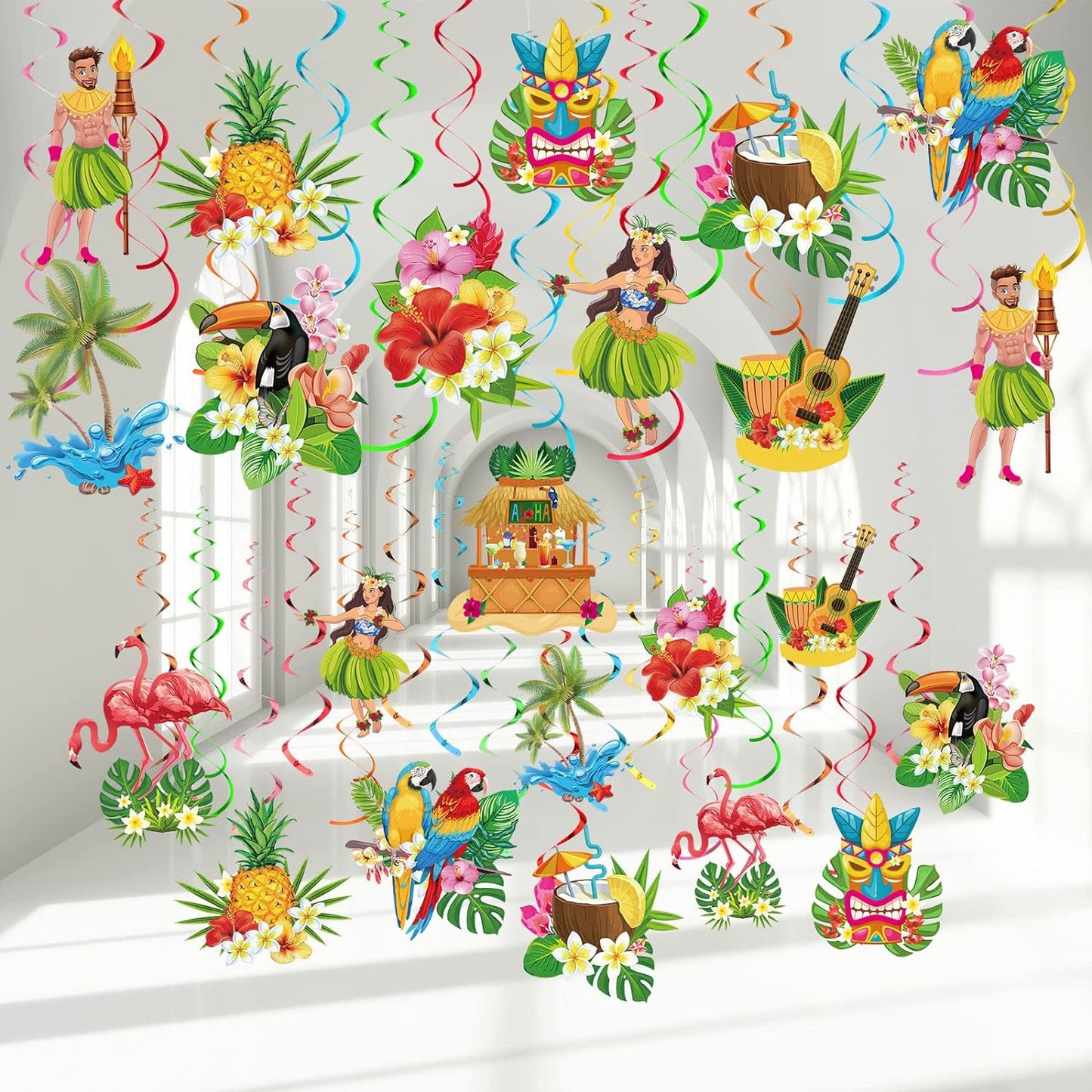 Bulk Hawaiian Birthday Party Backdrop Streamers Hanging Rotating Decorations Tropical Flowers Palm Trees Flamingos Unique Theme Decor Wholesale