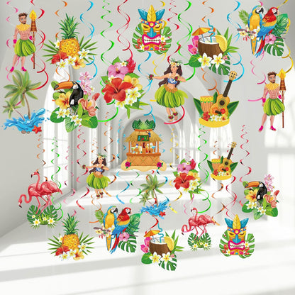 Bulk Hawaiian Birthday Party Backdrop Streamers Hanging Rotating Decorations Tropical Flowers Palm Trees Flamingos Unique Theme Decor Wholesale