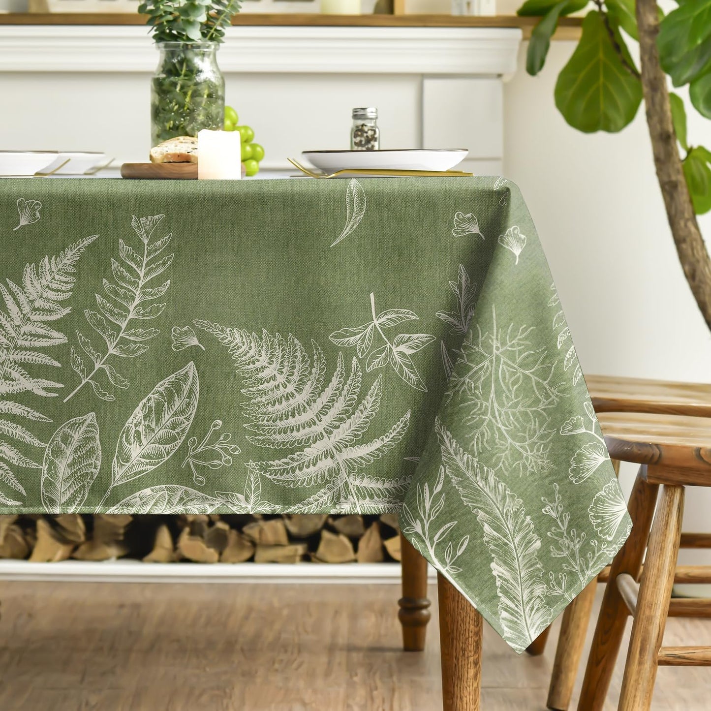 Bulk Spring Fern Tablecloth 60×84 Inch Rectangular Green Plants Washable Cover for Party Picnic Decor Wholesale