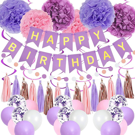 Bulk Birthday Party Decor Set for Girls Banner Swirls Paper Pom Poms Garland and Purple Balloons Premium Theme Decor Wholesale