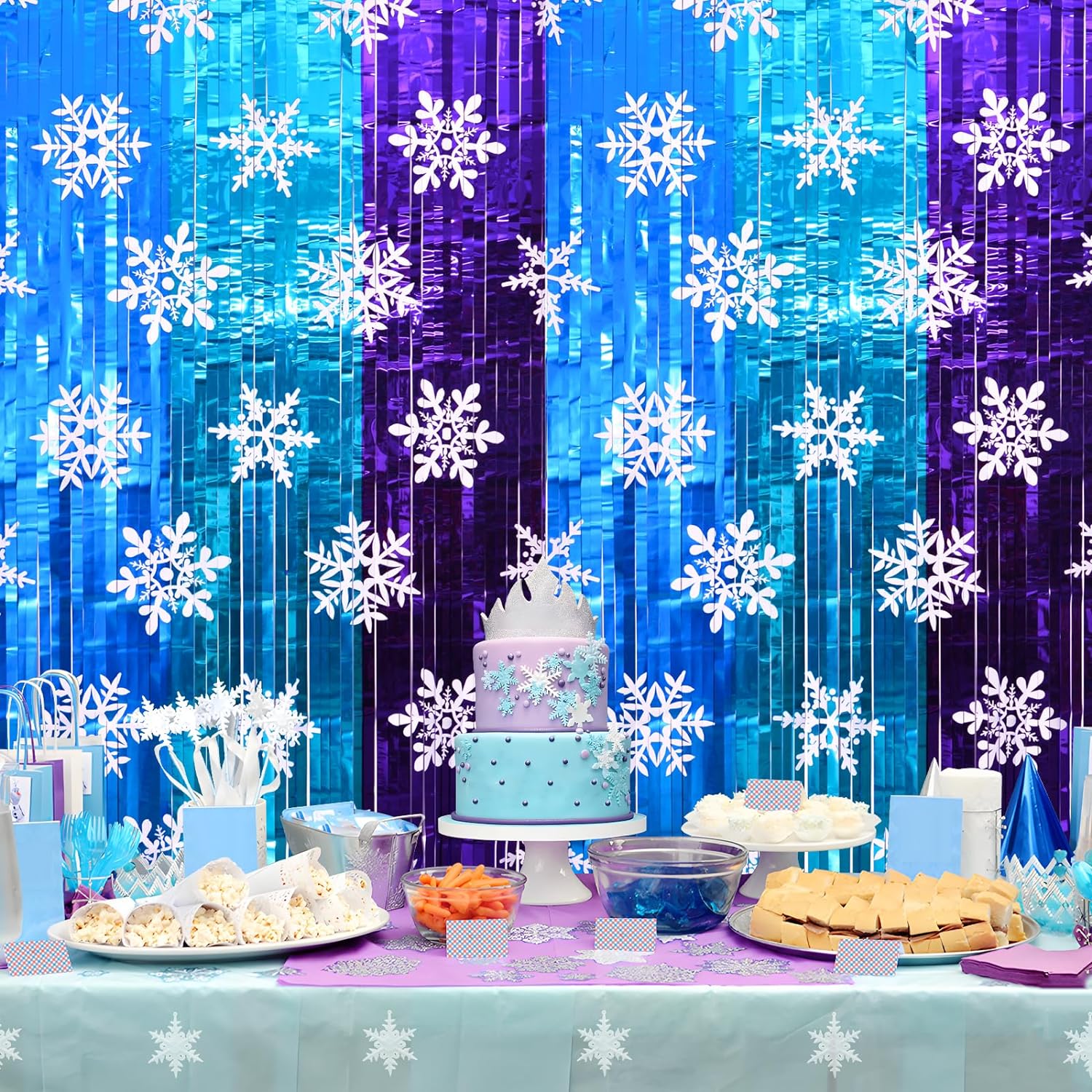 Bulk 2 Pcs Winter Wonderland Party Decor Metallic Foil Snowflake Backdrop Curtains for Girls' Birthday Celebration Wholesale