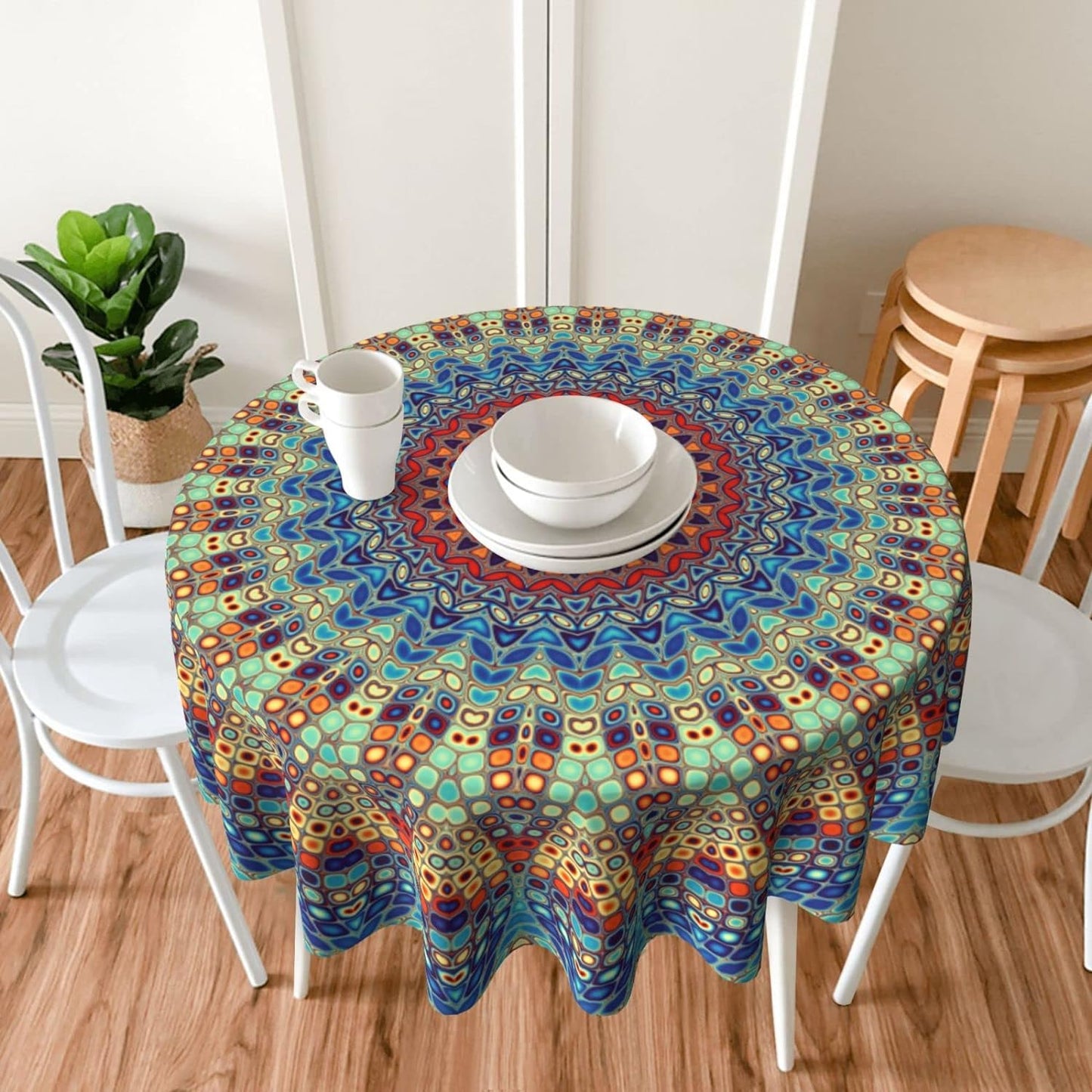 Bulk 60 Inch Round Tablecloth Stain Resistant Polyester Table Cover for Kitchen Dining Buffet Parties and Camping Mandala Design Wholesale