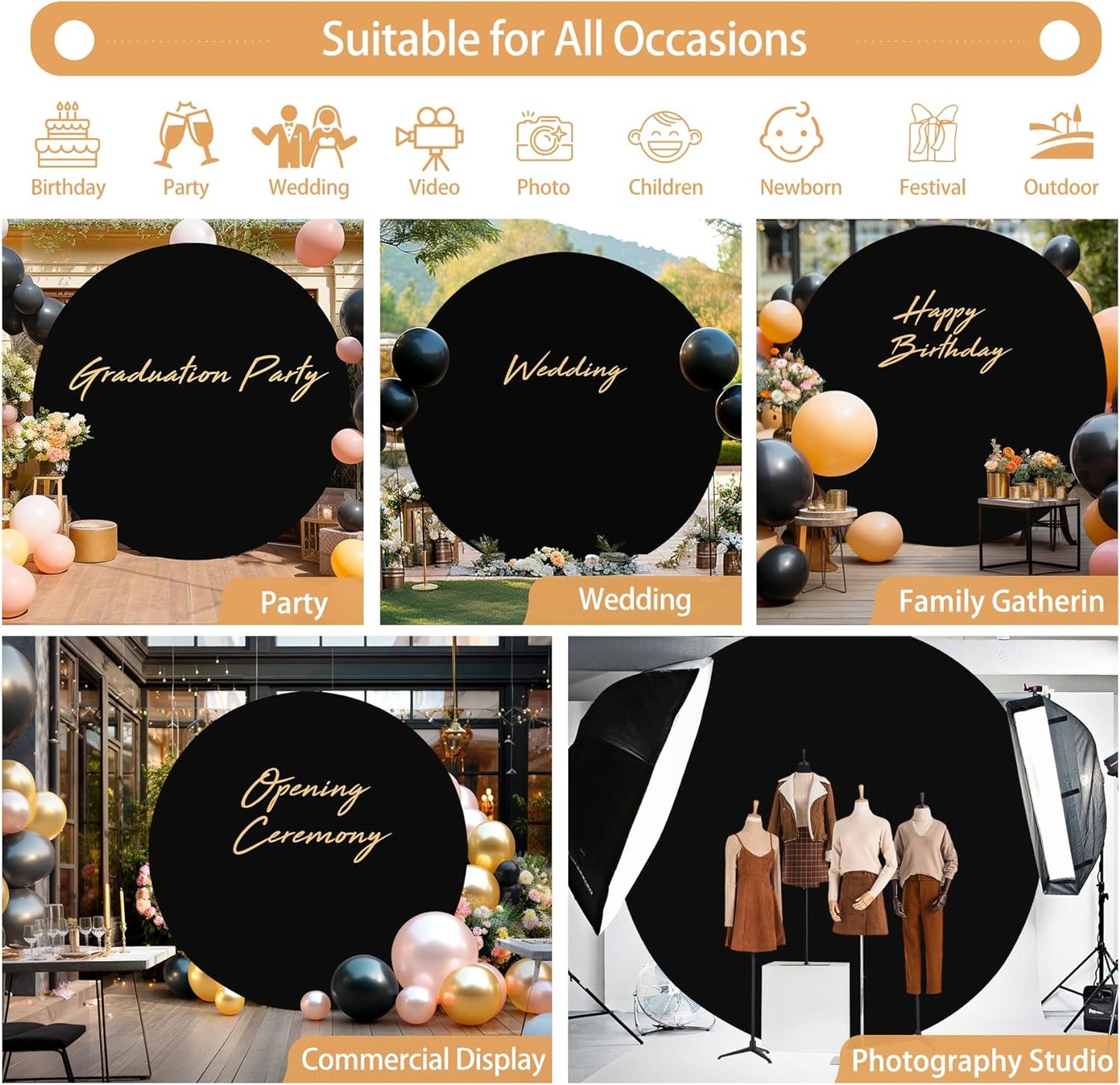 Bulk Adjustable White Round Backdrop Cover for 5 to 7.2ft Circle Arch Stand - Polyester Wedding, Birthday Party, Photography Decoration Wholesale