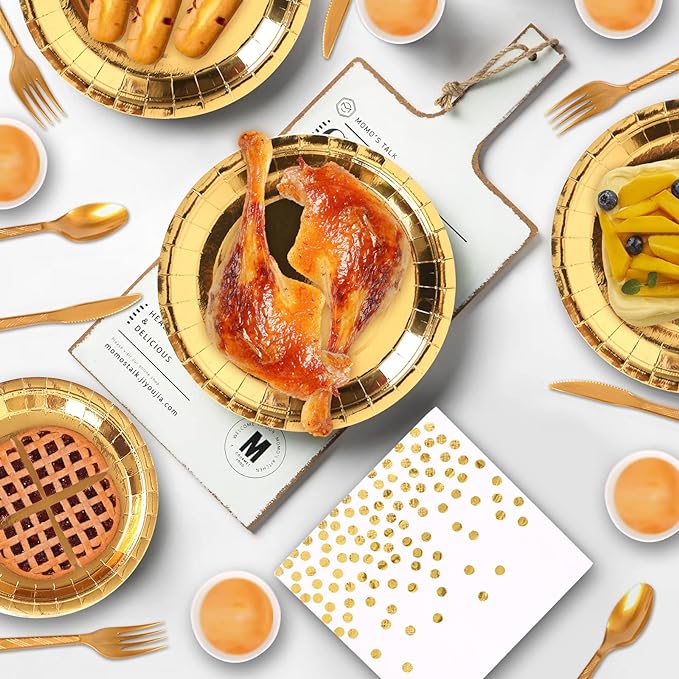 Bulk 50 Pcs Gold Disposable Dinnerware Set Paper Plates Paper Cups Paper Napkin Knife Fork Spoon Party Supplies Wholesale