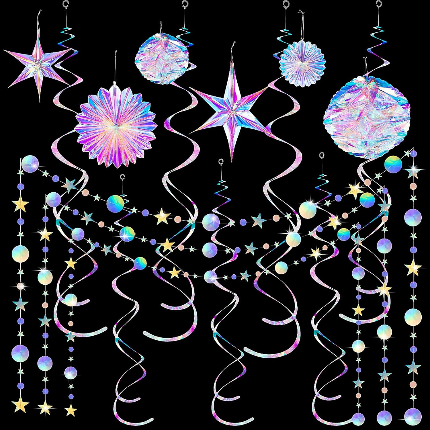 Bulk Rainbow Party Decor Set Hanging Balls Paper Fans Snowflake Garlands White Star Swirls Ideal for Birthdays Weddings Wholesale