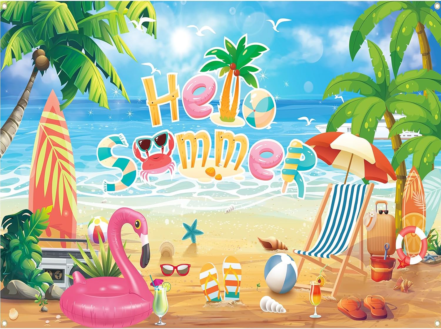 Bulk Hello Summer Photo Backdrop Banner Tropical Beach Pool Party Decorations Birthday Schools Out for Summer 71 x 43 Inch Wholesale