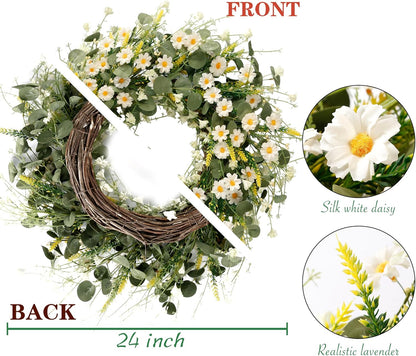Premium 24 In Daisy Wreath Silk Flowers with Eucalyptus Lavender Boho Farmhouse Wedding Decor Seasonal Wall Hanging Arrangements