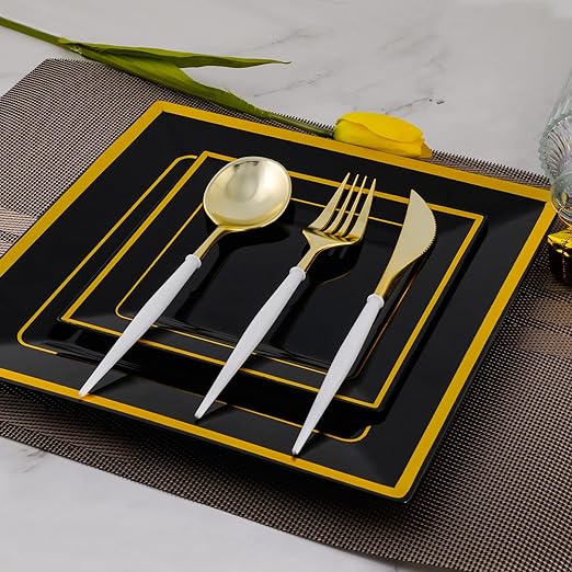 Bulk 8Pcs Disposable Tableware Sets with White Handle for Christmas New Year Birthday Wedding Party Restaurant Wholesale