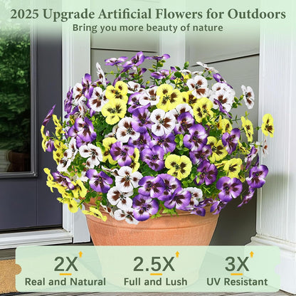 Premium UV-Resistant Silk Pansy Flowers 12 pcs Realistic Outdoor Fake Plants Porch Garden Patio Planters High Durability Decor