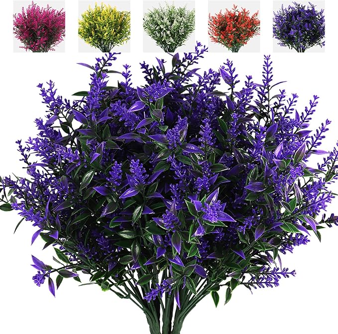 8 Bundles Artificial Lavender Stems, 12 Inch UV-Resistant Silk Flowers, Vibrant Purple, Flexible Fade-Resistant Shrubs for Outdoor & Wedding Decor