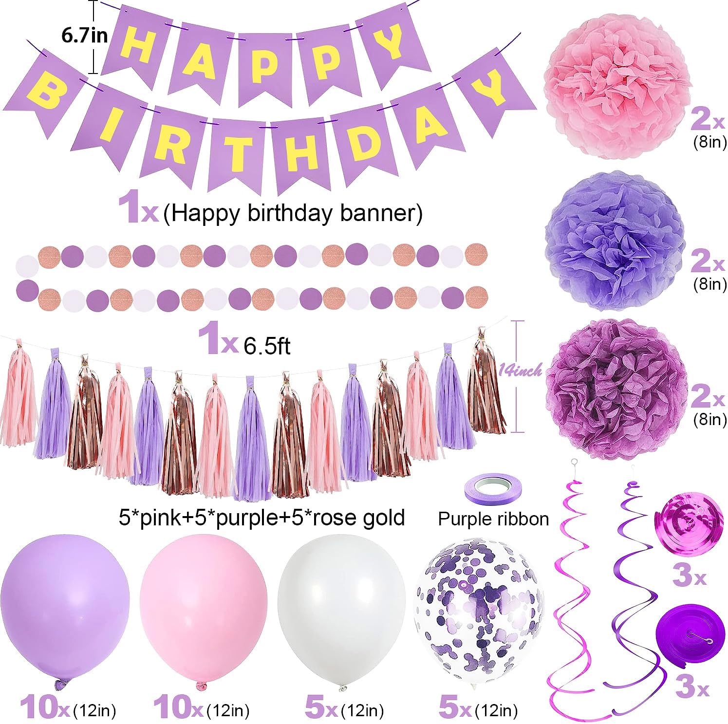 Bulk Birthday Party Decor Set for Girls Banner Swirls Paper Pom Poms Garland and Purple Balloons Premium Theme Decor Wholesale