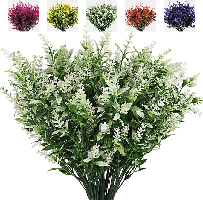 8 Bundles Artificial Lavender Stems, 12 Inch UV-Resistant Silk Flowers, Vibrant Purple, Flexible Fade-Resistant Shrubs for Outdoor & Wedding Decor