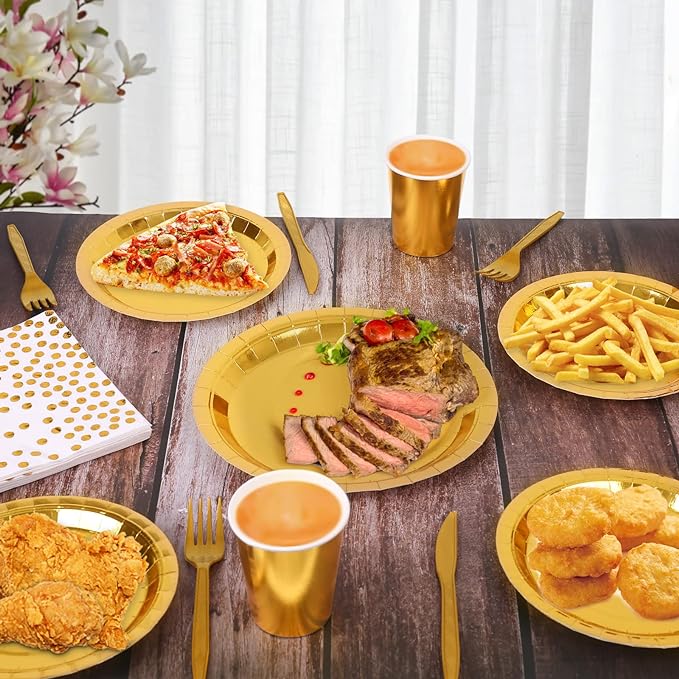 Bulk 50 Pcs Gold Disposable Dinnerware Set Paper Plates Paper Cups Paper Napkin Knife Fork Spoon Party Supplies Wholesale