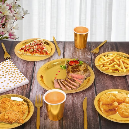 Bulk 50 Pcs Gold Disposable Dinnerware Set Paper Plates Paper Cups Paper Napkin Knife Fork Spoon Party Supplies Wholesale
