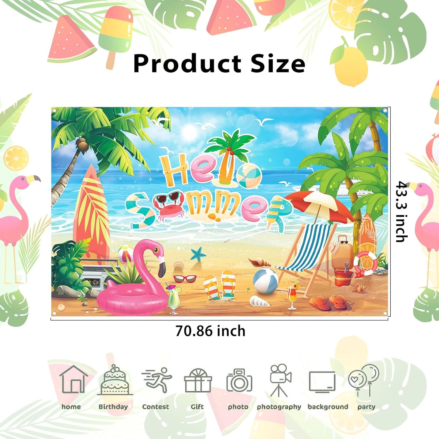 Bulk Hello Summer Photo Backdrop Banner Tropical Beach Pool Party Decorations Birthday Schools Out for Summer 71 x 43 Inch Wholesale