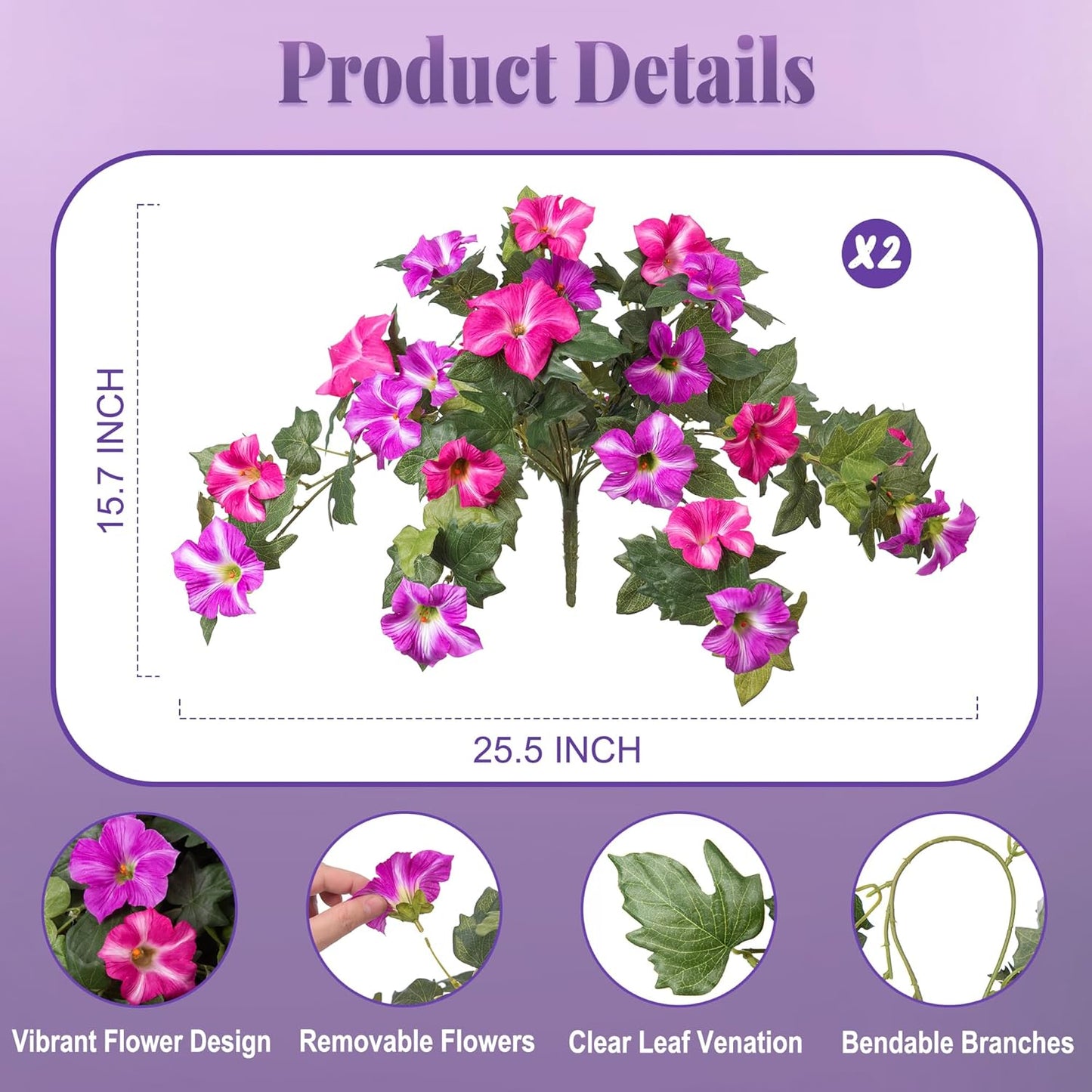 Premium Artificial Petunias with UV Resistant Flowers 2 Fade Proof Faux Plants Outdoor Porch Garden Balcony Patio Decor